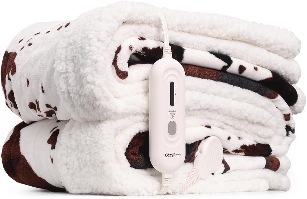 Cow Print Electric Blanket Heated Throw Blanket with 3 Heat Settings & 4-Hour Auto Shutoff, Fast Heating, Soft Flannel & Sherpa Fleece, Machine Washable, 50 x 60 Inches (Beige Cow Stripes, Throw)