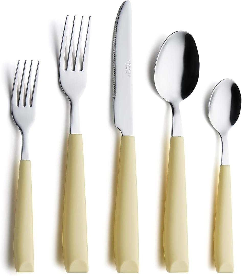 ANNOVA Silverware Set Stainless Steel Colorful Handle Tableware Kitchen Flatware Set Utensils, Includes Dinner Knives, Forks, Spoons, Salad Forks & Dessert Spoons (Yellow, 20 Pieces) (Large) ANNOVA Silverware Set Stainless Steel Colorful Handle Tableware Kitchen Flatware Set Utensils, Includes Dinner Knives, Forks, Spoons, Salad Forks & Dessert Spoons (Yellow, 20 Pieces) (Large)
