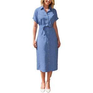 Yeokou Women Button Down Striped Shirt Dress Lapel Short Sleeve Tie Waist Casual Midi Dresses(Blue-M)