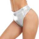 Women's Thong Metallic Rave Bottoms High Waisted Shiny Panties Clubwear Dance Bottom (Silver, XL)