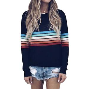 ECOWISH Women's Sweater Rainbow Colorful Striped Sweaters Long Sleeve Crew Neck Color Block Casual Pullover Blouse Tops (Large, 01 Black)