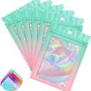 Funfery 100 Pack Gradient Holographic Bags,Mylar Resealable Bags with Zipper,Clear Window Packaging Pouchs,Smell Proof Foil Bag for Food Storage,Sample Jewelry Bag(2.7x3.9In,Green Pink)