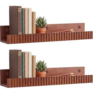 2 Pcs 24 Inch Walnut Scalloped Floating Shelves for Wall Wood Floating Shelf with Lip Ledge Mounted Bookshelves Hanging for Nursery Book Picture Frame Display Bedroom Bathroom Office Decor, 24 x 2.5 x 3.7 inch