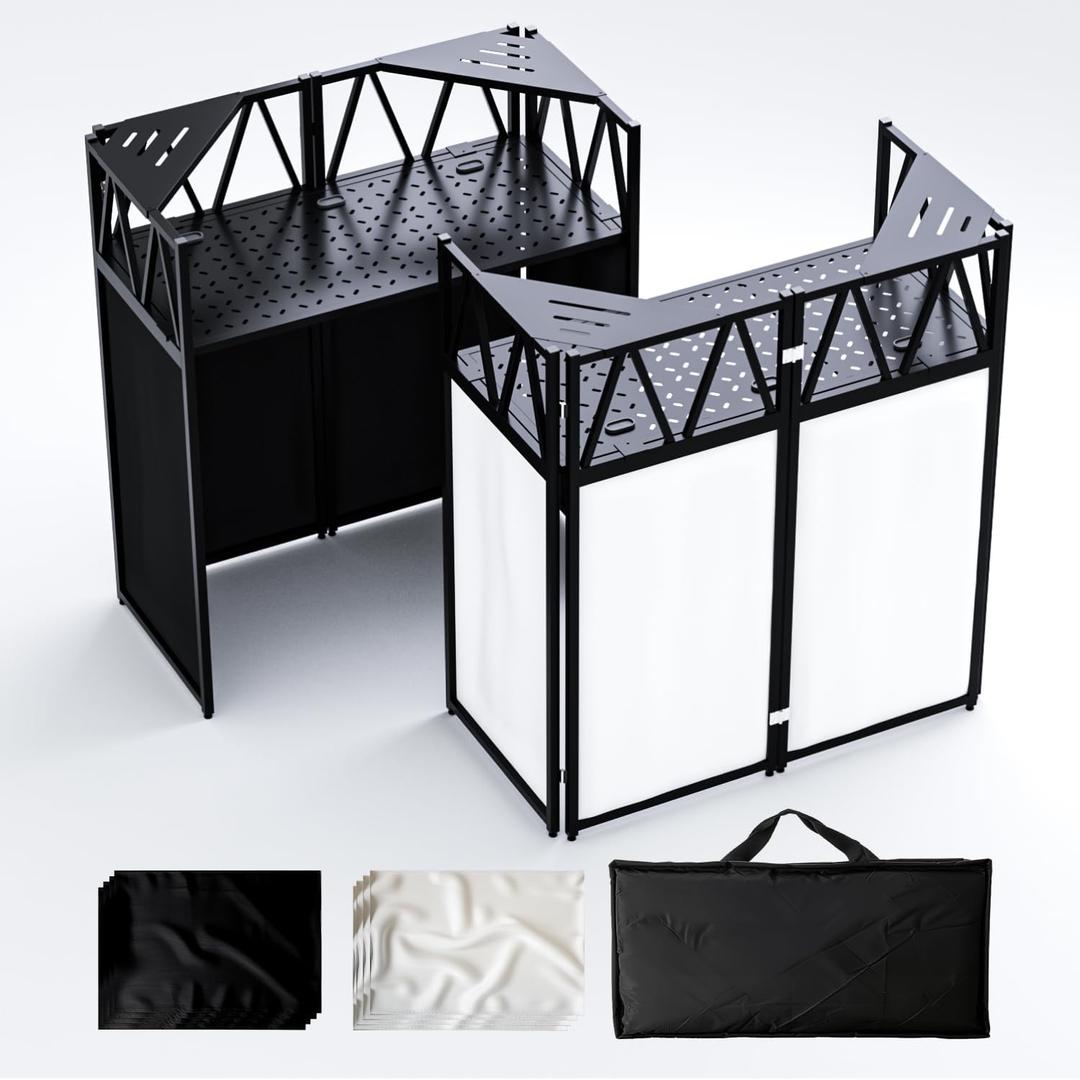 Portable DJ Booth Table,Foldable DJ Table Stand with White & Black Scrim,Adjustable D J Facade Station Triangle Plate Metal Frame with Cable Hole for Private Events, Clubs, Bars, 40x20 with Triangle