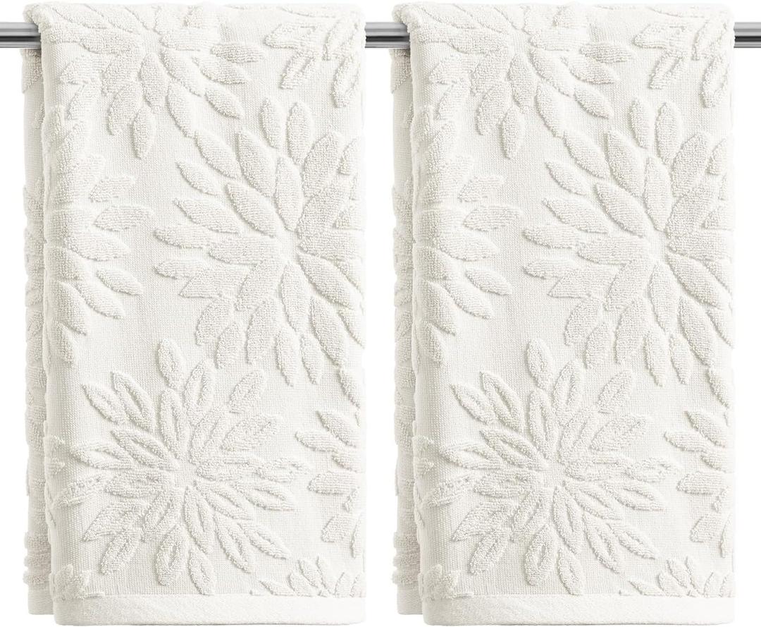 Artoid Mode 2 Pcs White 3D Dahlia Floral Jacquard Hand Towels for Bathroom, 100% Cotton Soft Absorbent Bathroom Decor Towels, 13.7 x 29.5 Inch