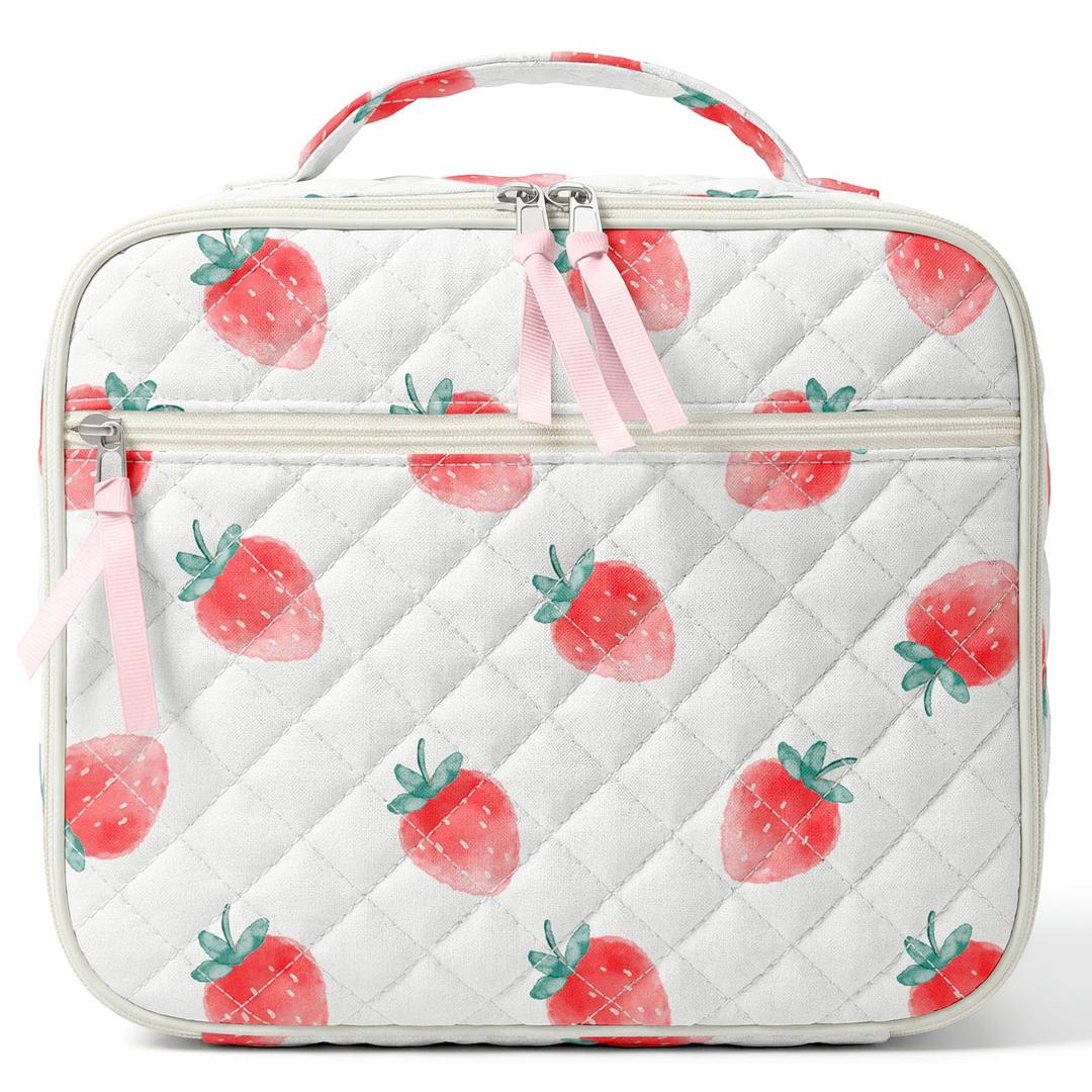 WOBAGMEN Cotton Quilted Lunch Box for Women Girls, Strawberry Insulated Lunch Bag for Teens, Cute Aesthetic Lunch Tote Bag for School Work Picnic Travel (Strawberry, M)