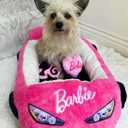 Megatoys Barbie Plush Car Pet Bed- Themed Plush Pink Pet Bed for Dogs and Cats Soft and Cozy Pet Bed with Barbie Pillow and Car Design