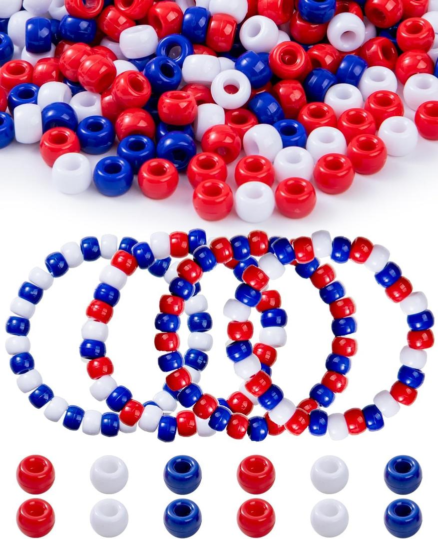 1000+ Pcs 4th of July Pony Beads, Red White and Blue Colors, Kandi Beads for Bracelet Making, Hair Braids, Necklaces, Key Chains, Jewelry, and DIY Crafts, Party