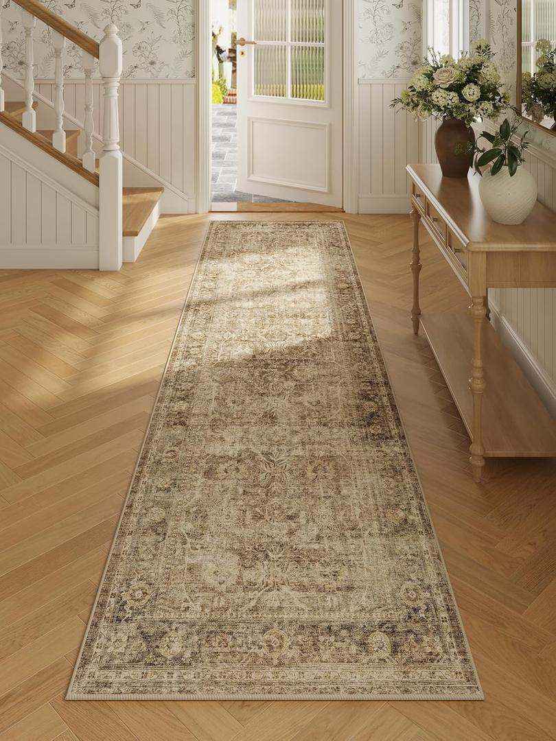 FMFUNCTEX 2x10 Runner Rug Brown Washable Vintage Neutral Distressed Non Slip Low Pile Indoor Carpet Retro Floral Hallway Entryway Rug for Kitchen Living Room Bedroom Bathroom Laundry Entry Bedside