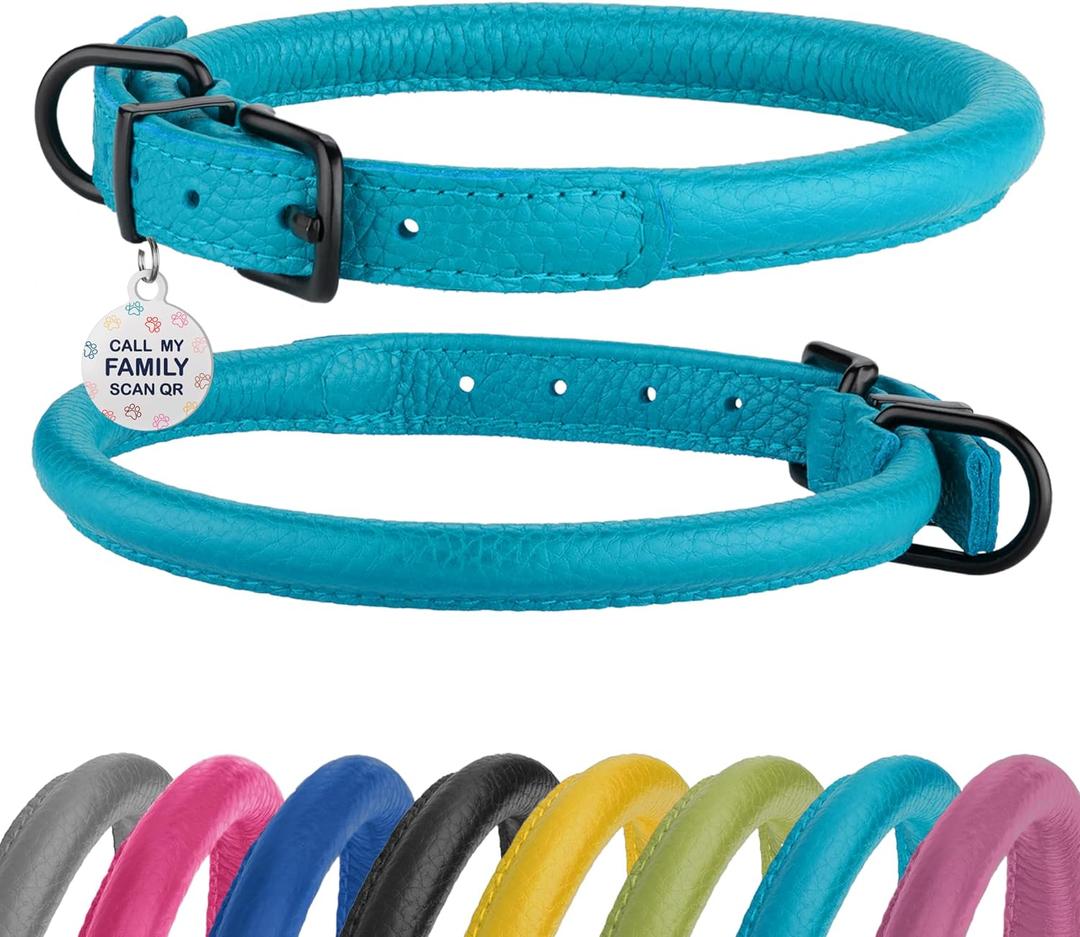 Rolled Leather Dog Collar Soft Round Collars, ID Tag for Small Medium Large Dogs (16-20 inch, Aqua Blue)