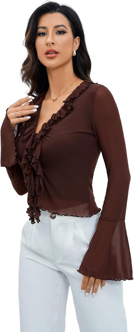 GORGLITTER Women's Sheer Mesh Tops Long Bell Sleeve Tie Front Vintage Ruffle Blouse Shirt (Large, Brown)