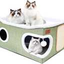 Extra Large Cat Beds for Indoor Cats, Covered Cat Cave Beds & Furniture with Scratch Pad and Fluffy Ball, Foldable Condo Hideaway with Reversible Cushion for Multi Small Pet Large Kittens, Green