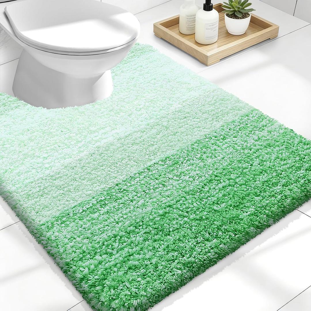 OLANLY Luxury Toilet Rugs U-Shaped 24x20, Extra Soft and Absorbent Microfiber Bathroom Rugs, Non-Slip Plush Shaggy Bath Mat, Machine Wash Dry, Contour Bathroom Mats for Toilet Base, Green