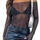 Just Quella Women's Off The Shoulder Long Sleeve Black Sheer Sequin Mesh Crop Top( 4-6 US) 