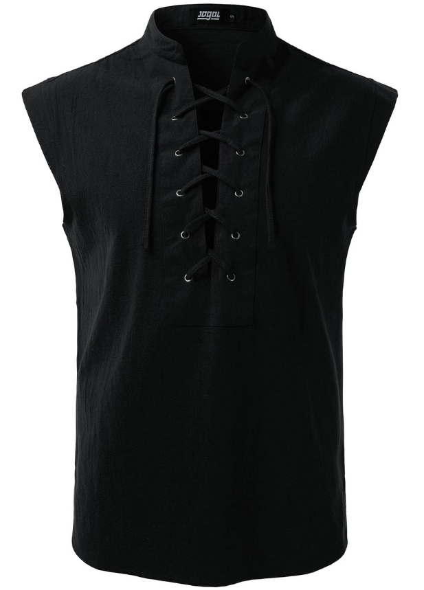 JOGAL Mens Renaissance Shirt Pirate Medieval Sleeveless Halloween Costume Steampunk Viking Lace-up Stand Collar Shirts, Size S