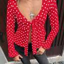 Women Y2k Polka Dot Bow Tie Front Split Hem Peplum Crop Tops Coquette Sweetheart V Neck Long Sleeve Fall Shirts (Red, S)