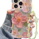 Jusy Oil Painting Flower Compatible with iPhone 14 Pro Case, with Bracelet Chain, Colorful Retro Floral Cute Curly Wave Frame Women Girls-Green