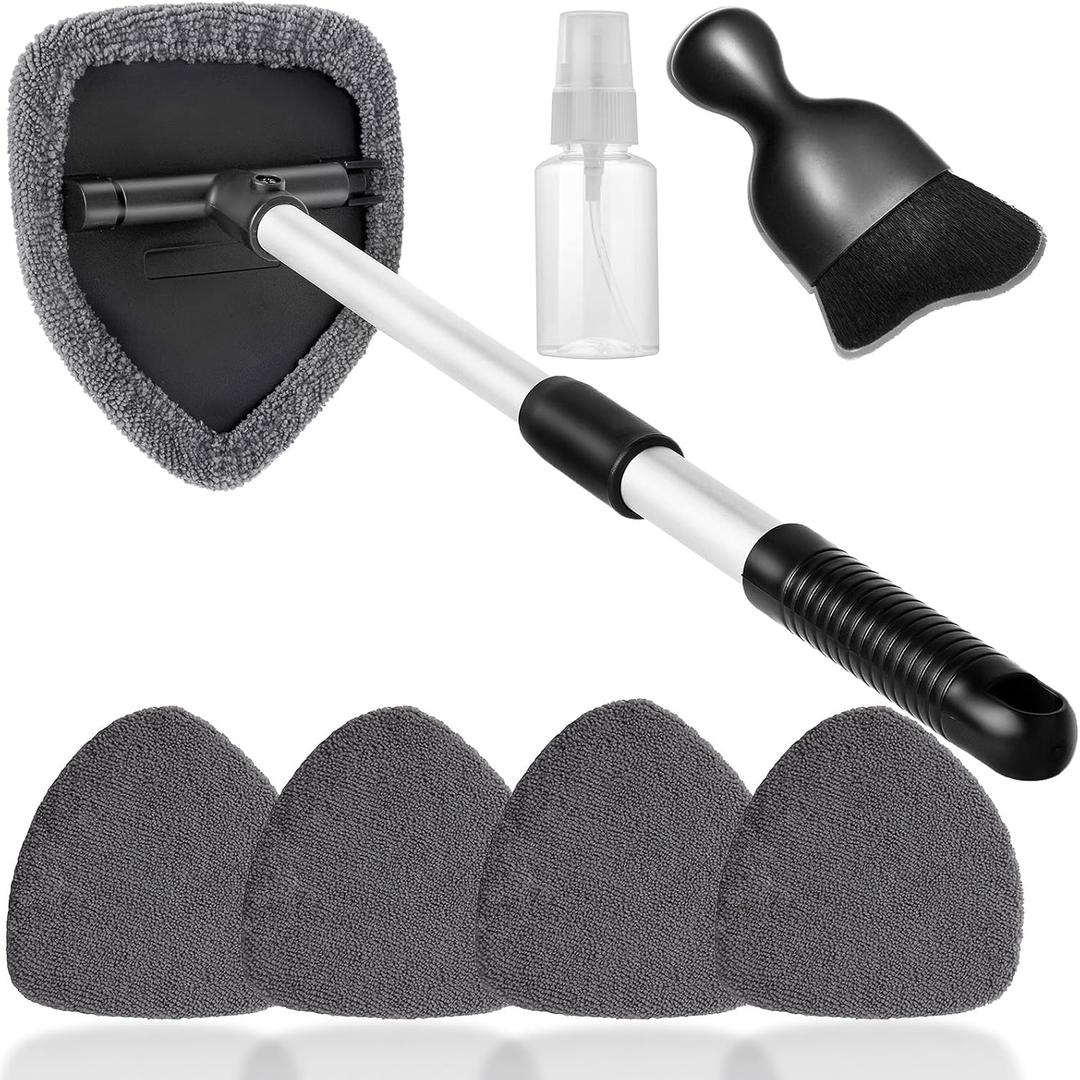 7pcs Windshield Cleaner Tool Car Window Cleaning Wash Kit with 4 Reusable Microfiber Pads 1 Spray Bottle and Extendable Handle Auto Glass Wiper Kit, Gray