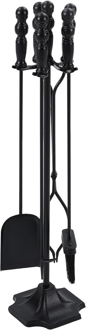 OLIXIS 5 Pcs Fireplace Tools Set Indoor, 32 Inch Wrought Iron Large Fire Place Tool Set with Stand, Fireside Accessories Kit with Poker Brush Shovel Tongs for Outdoor Campfire Fire Pit