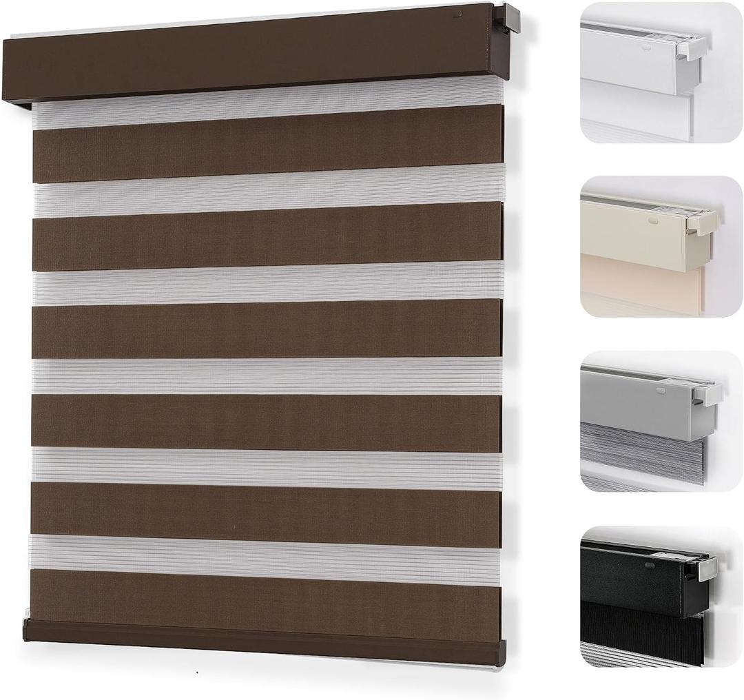Joydeco No Drill Zebra Blinds for Windows, Cordless Day & Night Dual Sheer Roller Shades, Easy Installation, Free-Stop Lift System, Light Filtering Privacy Blinds for Home(Coffee,46" W x 75" H)