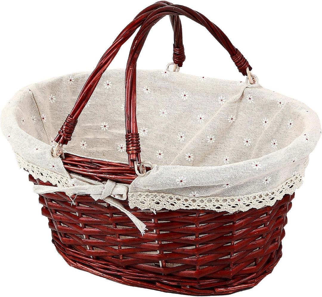 KINJOEK Wicker Woven Basket, Multipurpose Natural Willow Basket with Handle Premium Linen Cotton Cloth Lining for Storage and Decoration, Brown (Light Brown)