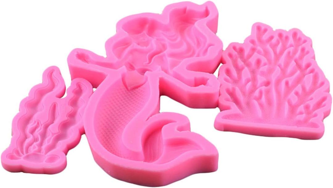 Mermaid Silicone Moulds- 4Pcs Marine Theme Fondant Molds Coral Seaweed Mermaid Candy Chocolate Mold Cake Baking Decorating Tools