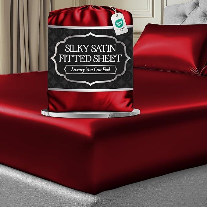 DECOLURE Satin Fitted Sheet Queen Size (1 PC) – Luxuriously Smooth & Softer Than Silk Bed Sheets w/ 15 Inch Deep Pocket Hypoallergenic Wrinkle Free, Secure Snug Fit, Elastic Corner Straps (Red)