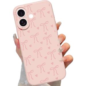 Cute Bow Phone Case for iPhone 17 6.3", Aesthetic Pink Heart Ribbon Bowknot Pattern Print Design Women Girly Case Gloss Raised Camera Protective Cover Soft Slim Silicone Shockproof TPU Funda
