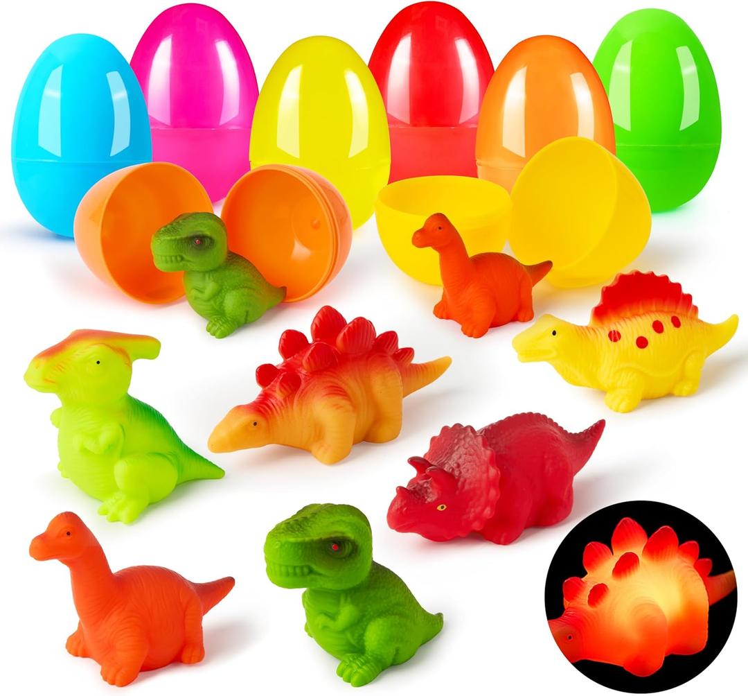 JOYIN 6 Pcs Prefilled Easter Eggs with Floating Dinosaur Lightup Bath Toys, Luminous Bathtub Toys for Kids Easter Eggs Hunt, Toddler Party Favor, Basket Stuffers Filler（Age 3+）