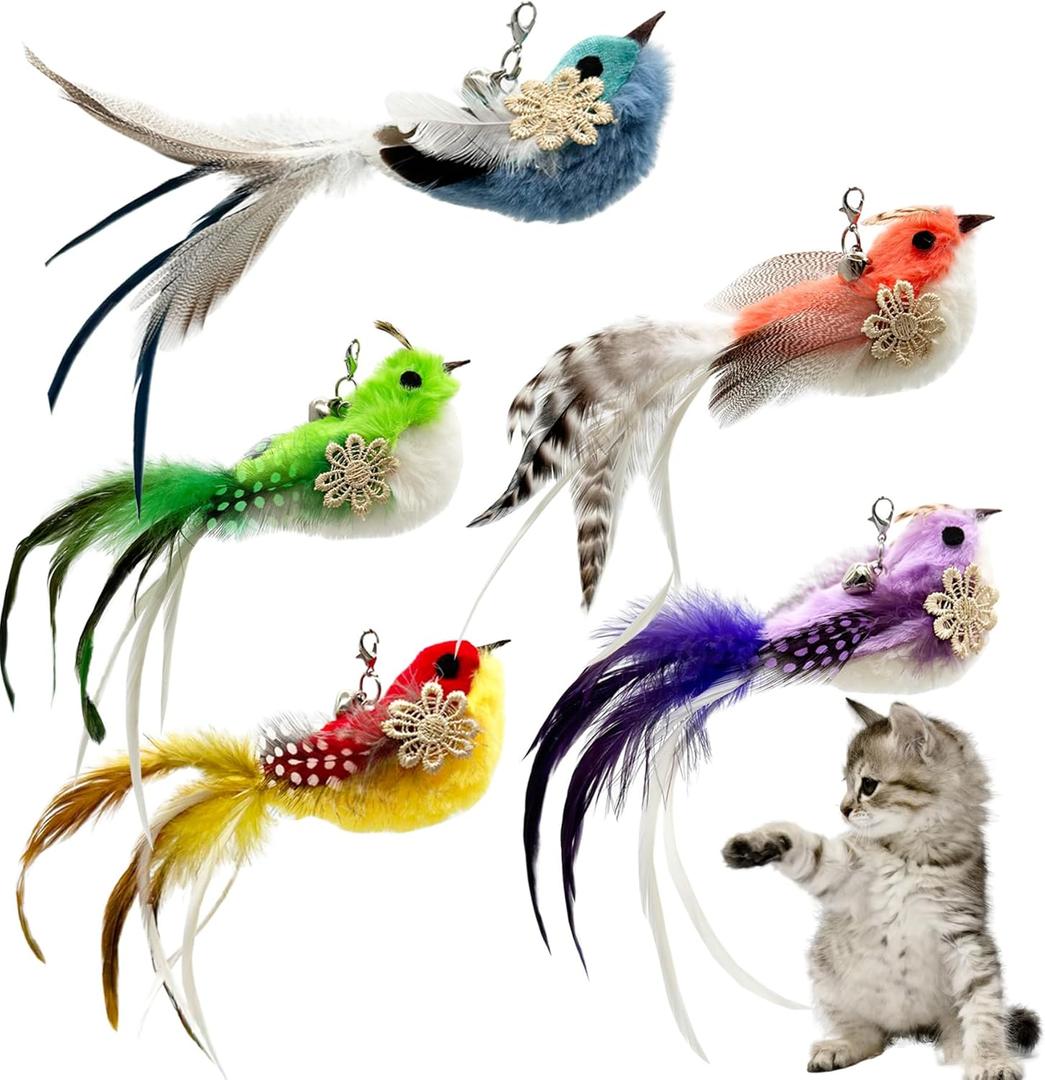 5 x Cat Feather Toys Refill, 5 Pieces Cat Wand Attachments Feathers Bird Toy for Indoor Cats