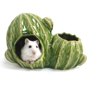 Ceramic Hamster Hideout, Dwarf & Syrian Hamster Hut with Double Doors, Anti-Bite Hideaway House for Mice & Gerbils (Light Green)
