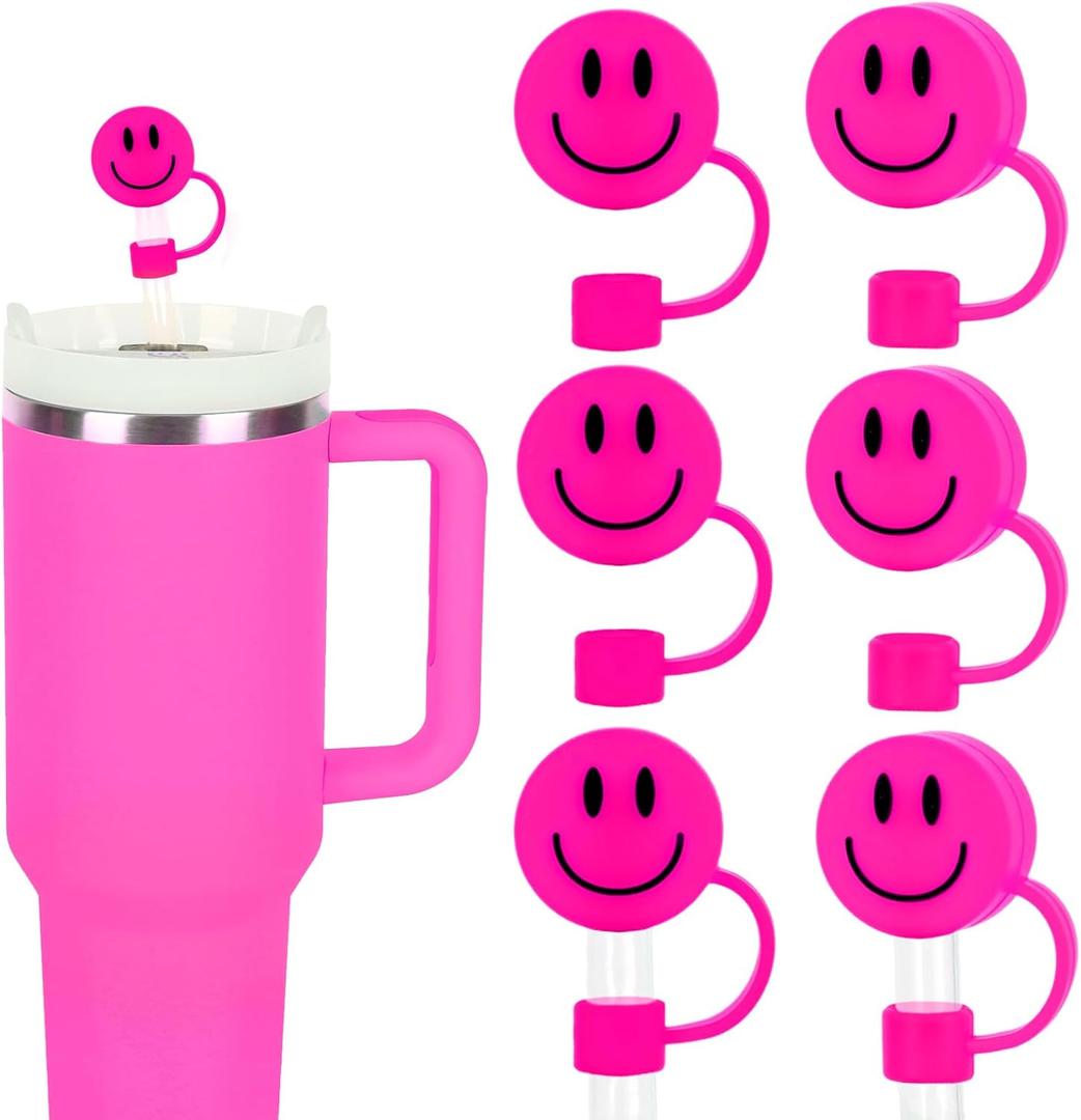 3 x Whaline 6Pcs Smiling Face Straw Covers - Hot Pink Silicone Reusable Topper, Double Sided Pattern Tip Covers 10mm 0.4 Inch for 30 & 40 OZ Tumbler with Handle