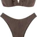 ZAFUL Women's Strapless Ribbed V Wired Lace Up Ruffle Tie High Cut Bandeau Swimsuits Bikini Set (5-deep Coffee)