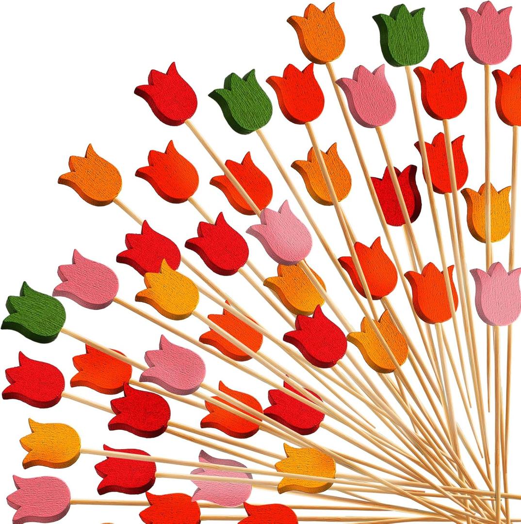 WILLBOND 200 Pcs Tulip Cocktail Picks Long Toothpicks for Appetizers Summer Cocktail Skewers Disposable Fancy Bamboo Food Sticks for Summer Spring Holiday Birthday Party Decoration