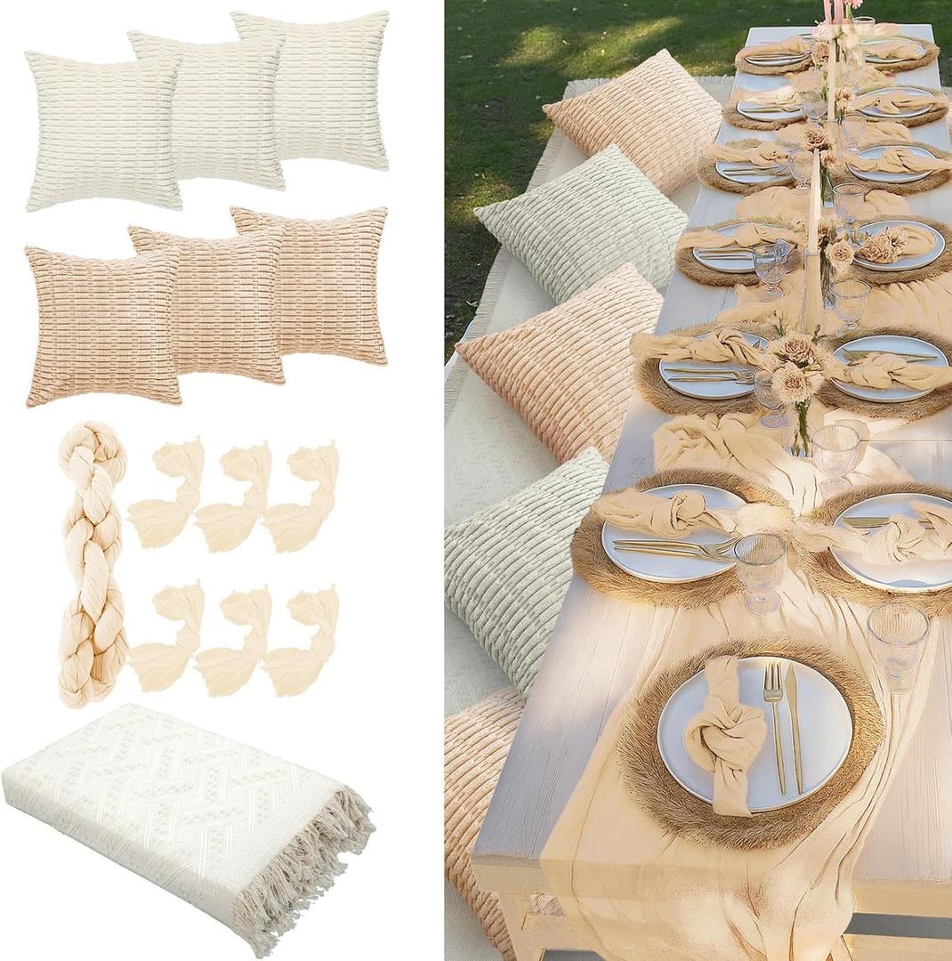 91 x 71 Extra Large Outdoor Boho Picnic Blanket with Beige White Table Runner, 6 Throw Pillow Covers, 6 Napkins Woven Cotton Yarn Oversized Beach Blanket Washable Picnic Camp Wedding