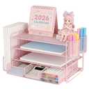 Metal Desktop File Organizer Multi Tier Pull Out Document Tray Office Desk Storage Rack for Files Paper and Stationery Durable Iron Mesh Pink 1 Pack