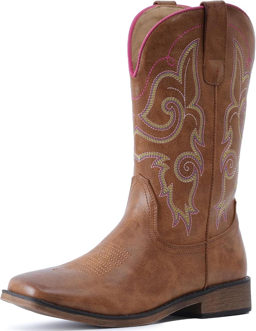 IUV Cowboy Boots For Women Square Toe Wide Western Boots Mid Calf Cowgirl Boots Pull On Fashion Embroidered Cowboy Boots (6, Light Brown)