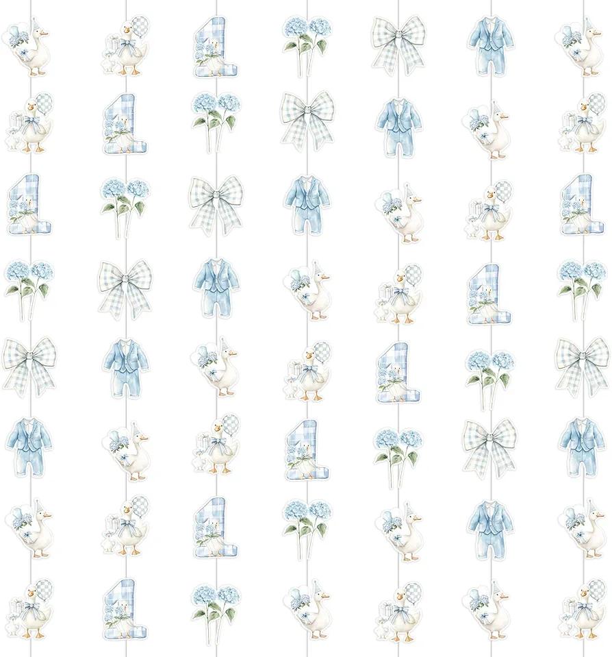 Soulchen 16 Pcs One Silly Goose Birthday Decorations Boys Blue Gingham Paper Rectangular Banner Garland Streamers Funny Duck Birthday Goose Party Supplies, 78.74 Inch
