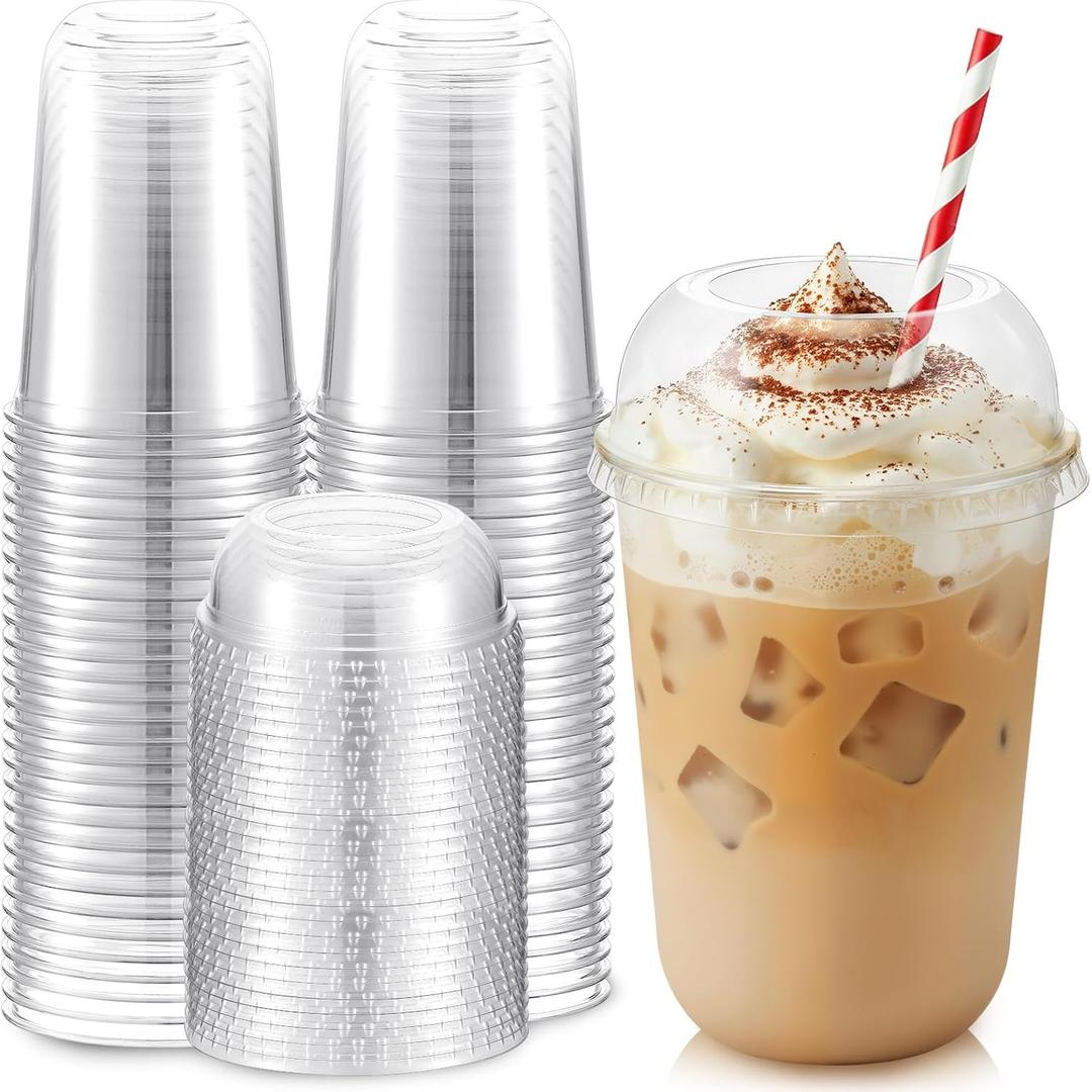Ziliny 50 Set Clear Plastic Cups with Wide Dome Lids Dessert Cups with Large Hole Dome Lids Disposable Party Drink Mugs for Smoothies Iced Coffee Bubble Tea Slushies Parfaits, and More(16oz)