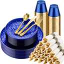 Hioasis 175pcs Blue Gold Plastic Plates - Blue Plastic Dinnerware Set Includes 25 Dinner Plate, 25 Dessert Plate, 25 Cups, 25 Napkins Perfect for Christmas & Party