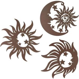 Manortang Metal Wacky Sun Wall Decor, Patio Garden Farmhouse Decor, Wrought Iron Sun Silhouette Wall Sculpture Indoor Outdoor - 9.5 Inch Sun Moon Stars Wall Art