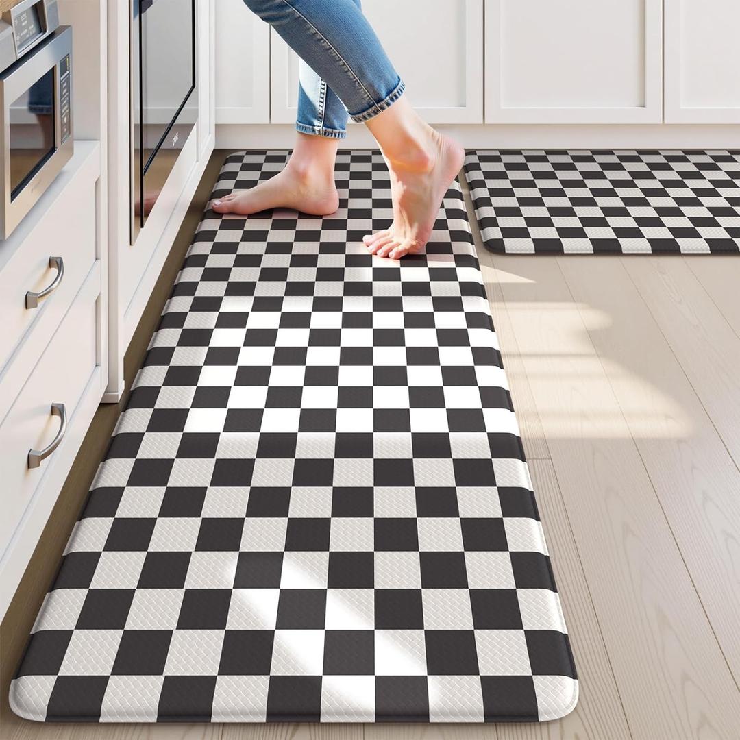 KIMODE Anti Fatigue Kitchen Mat for Floor, 17"x47"+17"x29" Checkered Kitchen Rugs Sets of 2, Kitchen Floor Mats Non-Slip, Cushioned Standing Desk mat for Sink Laundry Office Black and White