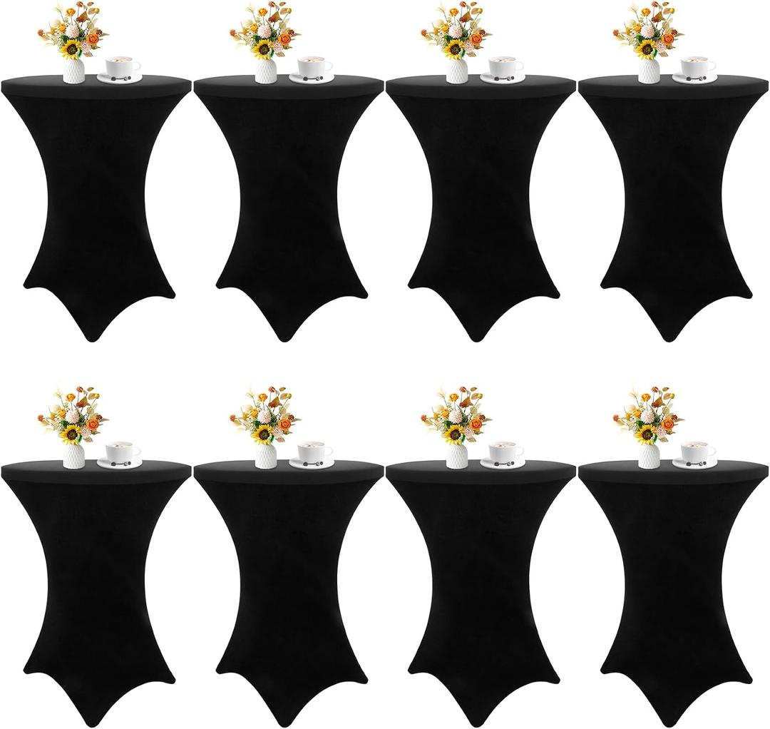 HAISIWLKJ 8 Pack Cocktail Table Covers 32x43 Inch Fitted Stretch Spandex Square Corners Black Table Cover High Top Cocktail Round Tablecloth for Party, Wedding, Birthday, Banquet(Black)