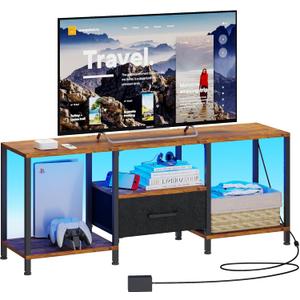 JARHETUN TV Stand with LED Lights, Entertainment Center with Open Shelves and Fabric Drawer, Media Console for 55 Inch TV, Television Stands, Living Room Furniture, Bedroom, Rustic Brown