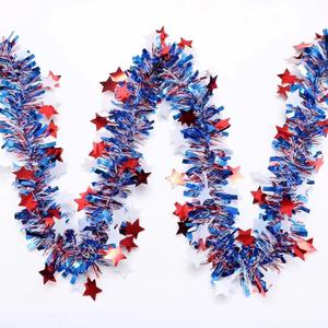 4th of July Red White Blue Star Tinsel Garland - 33 Ft Memorial Day Patriotic Decoration Independence Day Metallic Tree Garland Glitter Tinsel Hanging Twist for Veterans Day Decor