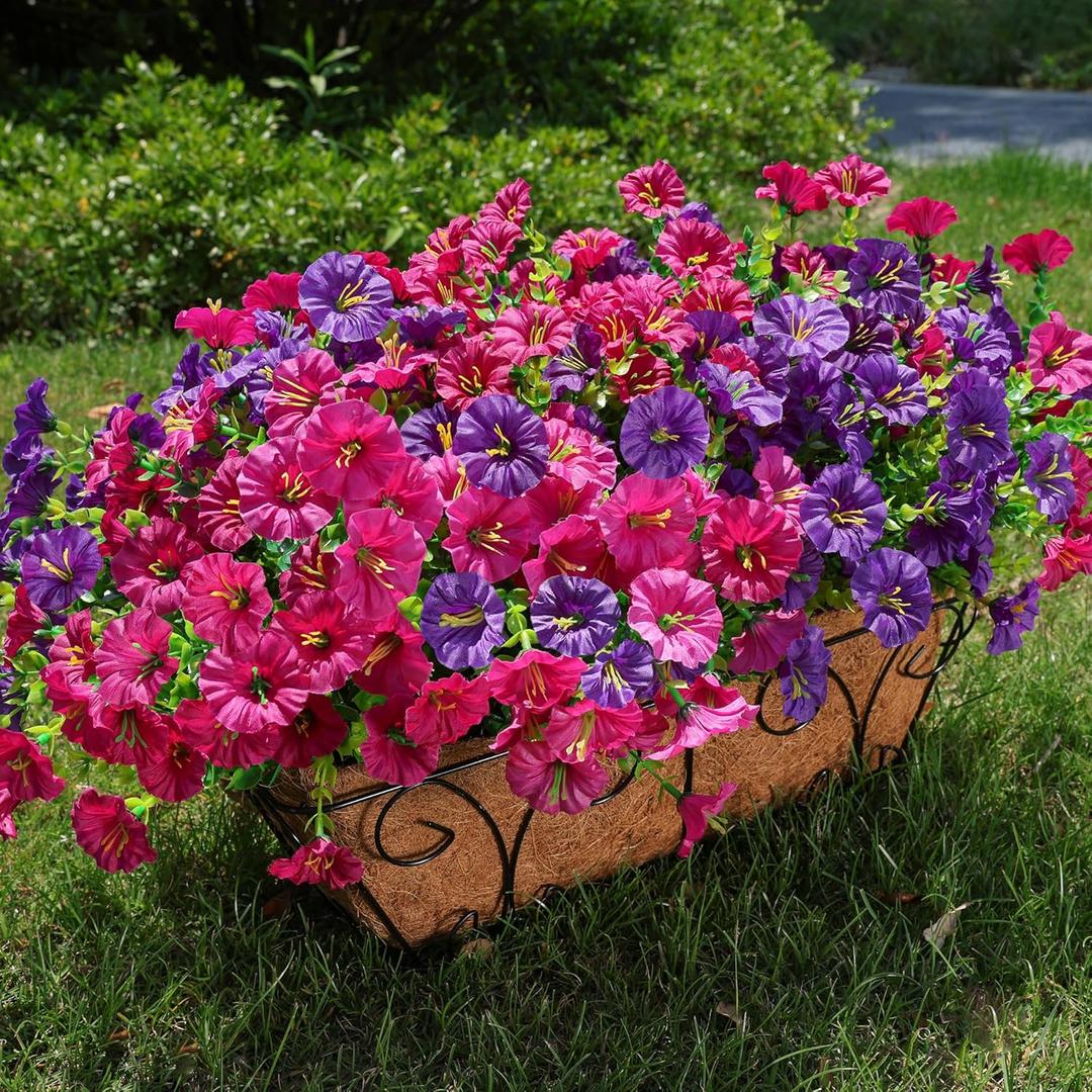 HyeFlora Artificial Flowers for Outdoors Fake Plants Outside Decoration, 12 Bundles Silk Colorful Morning Glory with Eucalyptus UV Resistant Realistic Faux Flowers for Planter Porch Patio Yard Garden (Purple Fuchsia)