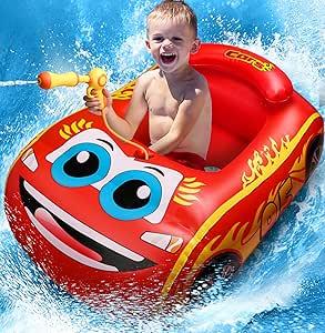 HopeRock Kids Pool Float with Water Gun  Inflatable Rideon Swimming Toy for Boys Aged 38, Summer Fun (Red)