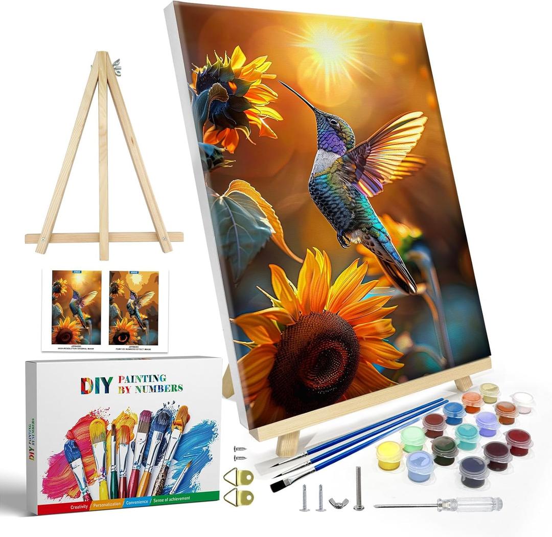 JOOZ Paint by Numbers Kit for Adults with Frame, Hummingbird Paint by Number with Easel, DIY Hummingbird Oil Painting by Numbers, Adult Paint by Number Kits Framed Canvas for Wall Decor 8x12 Inch