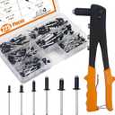 ISPINNER 225pcs Black Aluminum Blind Rivets Assortment Kit with Heavy Duty Hand Riveter RivetGun Tool, 6 Sizes Pop Rivets with Divider & Labeled Case