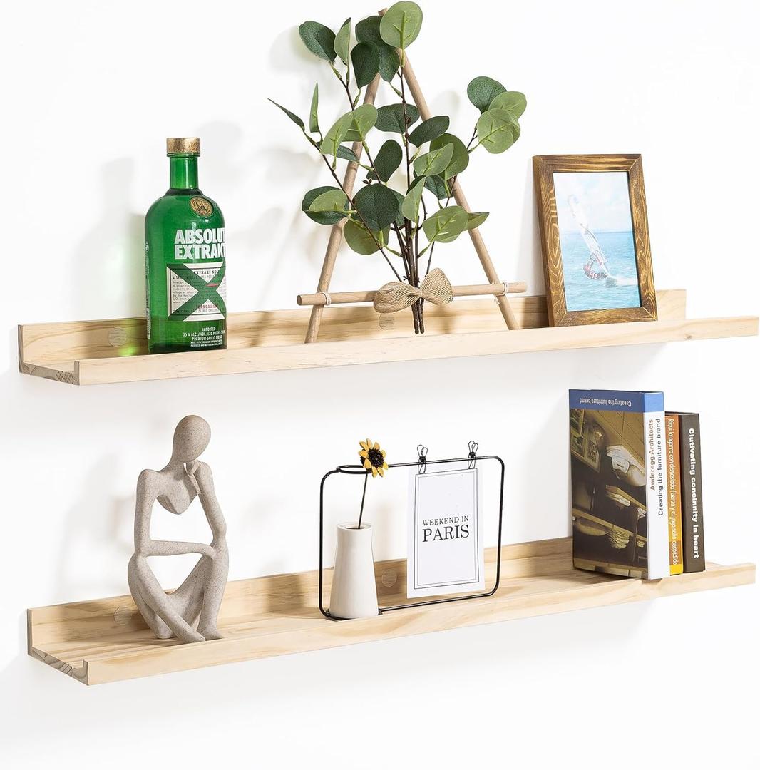 AZSKY 24 Inch Floating Shelves for Wall Decor Natural Solid Wood Storage Shelves Floating Photo Shelves with Lip Picture Ledge Shelf Set 2 Nursery Book Shelves for Living Room Bedroom AZSKY 24 Inch Floating Shelves for Wall Decor Natural Solid Wood Storage Shelves Floating Photo Shelves with Lip Picture Ledge Shelf Set 2 Nursery Book Shelves for Living Room Bedroom
